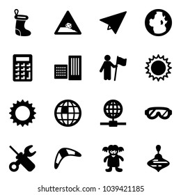Solid vector icon set - christmas sock vector, steep roadside road sign, paper plane, globe, calculator, building, win, sun, protective glasses, wrench screwdriver, boomerang, doll, wirligig toy