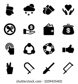 Solid vector icon set - christmas glove vector, snowfall, gloves, heart care, fork spoon plate, investment, wallet, purse, hand cursor, social, friends, like, victory, fretsaw, clinch, metal hacksaw