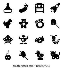 Solid vector icon set - christmas hat vector, eggplant, money chest, rocket, dinosaur toy, bear, beanbag, horse stick, ufo, robot, horn, caterpillar, yoyo, unicorn, duck, cat