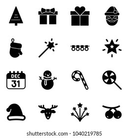 Solid vector icon set - christmas tree vector, gift, santa claus, glove, Magic wand, garland, star, 31 dec calendar, snowman, lollipop, hat, deer, firework, rowanberry