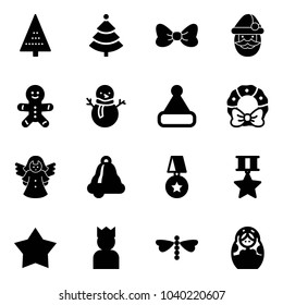 Solid vector icon set - christmas tree vector, bow, santa claus, cake man, snowman, hat, wreath, angel, bell, star medal, king, dragonfly, russian doll