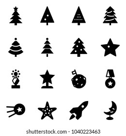 Solid vector icon set - christmas tree vector, star, award, moon flag, medal, first satellite, starfish, rocket, lamp