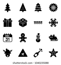 Solid vector icon set - christmas tree vector, firework, gift, garland, snowflake, 31 dec calendar, cake man, snowman, santa sleigh, deer hat, airport road sign, fizz opening, starfish