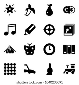 Solid vector icon set - christmas star vector, banana, pear, euro dollar, music, highlight marker, target, photo, tent, butterfly, clock, battery, circuit, lawn mower, brush, toy train