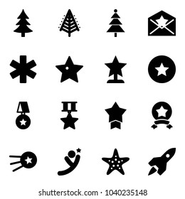 Solid vector icon set - christmas tree vector, star letter, ambulance, award, medal, first satellite, flying man, starfish, rocket