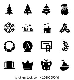 Solid vector icon set - christmas tree vector, santa claus, snowflake, landscape, house, holly, wreath, snowball, certificate, golden branch, doors, crown, butterfly, sailboat toy