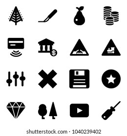 Solid vector icon set - christmas tree vector, scalpel, pear, coin, tap pay, account, drawbridge road sign, railway intersection, settings, delete cross, save, star medal, diamond, forest, playback