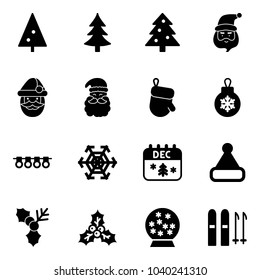 Solid vector icon set - christmas tree vector, santa claus, glove, ball, garland, snowflake, calendar, hat, holly, snowball, ski