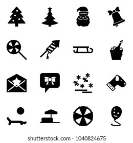 Solid vector icon set - christmas tree vector, santa claus, bell, lollipop, firework rocket, sleigh, champagne, star letter, bow message, sale, dog, lounger, inflatable pool, parasol, balloon smile