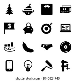 Solid vector icon set - christmas tree vector, elf, floor scales, credit card, dollar flag, piggy bank, target, statistics monitor, growth, banana, swimsuit, cd, mobile phone, bulb, paint roller