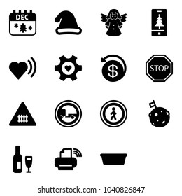 Solid vector icon set - christmas calendar vector, hat, angel, mobile, heart beat, gear, money back, stop road sign, railway intersection, no trailer, pedestrian, moon flag, wine, printer wireless