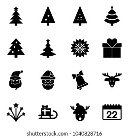 Solid vector icon set - christmas tree vector, firework, gift, santa claus, bell, deer, sleigh, hat, calendar