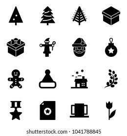 Solid vector icon set - christmas tree vector, gift, santa claus, ball, cake man, hat, house, golden branch, star medal, certificate, doors, tulip