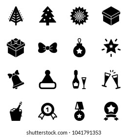 Solid vector icon set - christmas tree vector, firework, gift, bow, ball, star, bell, hat, wine, glasses, champagne, gold medal