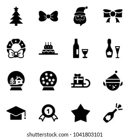 Solid vector icon set - christmas tree vector, bow, santa claus, wreath, cake, wine, snowball house, sleigh gift, elf, graduate hat, gold medal, star, fizz opening