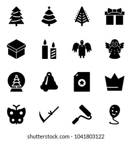 Solid vector icon set - christmas tree vector, gift, candle, angel, snowball, bell, certificate, crown, butterfly, scythe, paint roller, balloon smile