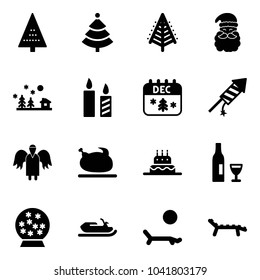 Solid vector icon set - christmas tree vector, santa claus, landscape, candle, calendar, firework rocket, angel, turkey, cake, wine, snowball, snowmobile, lounger