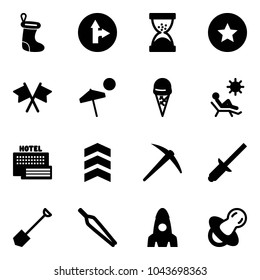 Solid vector icon set - christmas sock vector, only forward right road sign, sand clock, star medal, flags cross, beach, ice cream, sea hotel, chevron, axe, clinch, shovel, forceps, rocket, soother