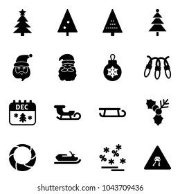 Solid vector icon set - christmas tree vector, santa claus, ball, garland, calendar, sleigh, holly, wreath, snowmobile, sale, slippery road sign