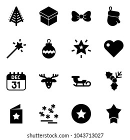 Solid vector icon set - christmas tree vector, gift, bow, glove, Magic wand, ball, star, heart, 31 dec calendar, deer, sleigh, holly, postcard, sale, medal
