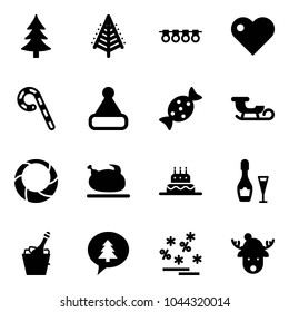 Solid vector icon set - christmas tree vector, garland, heart, lollipop, hat, candy, sleigh, wreath, turkey, cake, wine, champagne, merry message, sale, deer