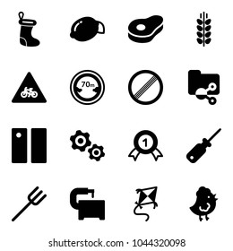Solid vector icon set - christmas sock vector, lemon, meat, spica, road for moto sign, limited distance, no limit, shared folder, pause, gears, gold medal, screwdriver, farm fork, machine tool, kite