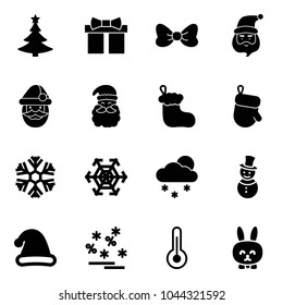 Solid vector icon set - christmas tree vector, gift, bow, santa claus, sock, glove, snowflake, snowfall, snowman, hat, sale, thermometer, toy rabbit