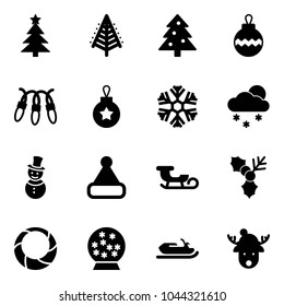 Solid vector icon set - christmas tree vector, ball, garland, snowflake, snowfall, snowman, hat, sleigh, holly, wreath, snowball, snowmobile, deer