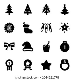 Solid vector icon set - christmas tree vector, firework, sock, garland, star, bow, hat, champagne, gold medal, finger ring