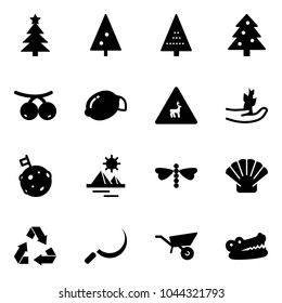 Solid vector icon set - christmas tree vector, rowanberry, lemon, wild animals road sign, hand sproute, moon flag, pyramid, dragonfly, shell, recycling, sickle, wheelbarrow, crocodile