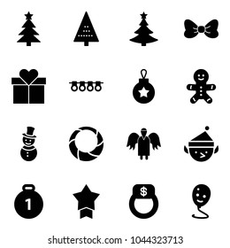 Solid vector icon set - christmas tree vector, bow, gift, garland, ball, cake man, snowman, wreath, angel, elf, gold medal, star, finger ring, balloon smile