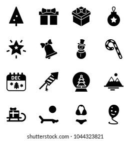 Solid vector icon set - christmas tree vector, gift, ball, star, bell, snowman, lollipop, calendar, firework rocket, snowball, mountains, sleigh, lounger, swimsuit, balloon smile