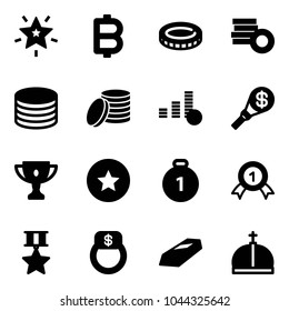 Solid vector icon set - christmas star vector, bitcoin, coin, money torch, gold cup, medal, finger ring, crown