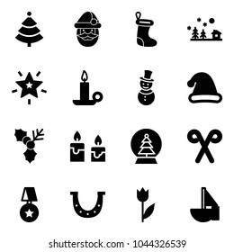 Solid vector icon set - christmas tree vector, santa claus, sock, landscape, star, candle, snowman, hat, holly, snowball, stick, medal, luck, tulip, sailboat toy