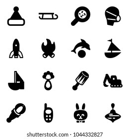 Solid vector icon set - christmas hat vector, sleigh, bacteria, medical mask, rocket, fire, dolphin, sailboat toy, beanbag, excavator, phone, rabbit, wirligig