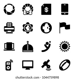 Solid vector icon set - christmas wreath vector, account statement, phone, printer, gear globe, flag, doors, crown, flying man, sun, music player, monitor, satellite, football