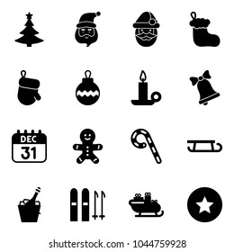 Solid vector icon set - christmas tree vector, santa claus, sock, glove, ball, candle, bell, 31 dec calendar, cake man, lollipop, sleigh, champagne, ski, star medal