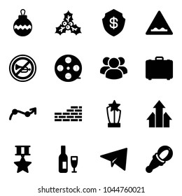 Solid vector icon set - christmas ball vector, holly, safe, rough road sign, no horn, film coil, group, case, chart point arrow, brick wall, award, arrows up, star medal, wine, paper plane, beanbag