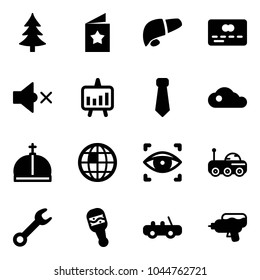 Solid vector icon set - christmas tree vector, star postcard, liver, credit card, volume off, presentation chart, tie, cloud, crown, globe, eye scanner, moon rover, wrench, beanbag, toy car