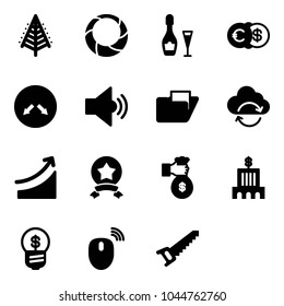 Solid vector icon set - christmas tree vector, wreath, wine, euro dollar, detour road sign, volume medium, folder, refresh cloud, rise, star medal, rich, bank building, business idea, mouse wireless