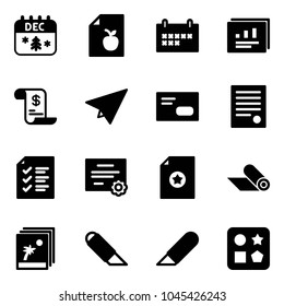 Solid vector icon set - christmas calendar vector, diet list, schedule, statistics report, account history, paper plane, envelope, agreement, certificate, mat, photo, work knife, cube hole toy