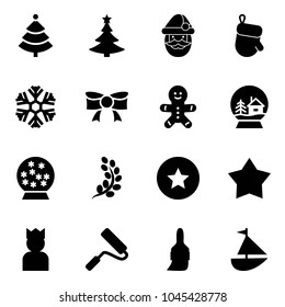 Solid vector icon set - christmas tree vector, santa claus, glove, snowflake, bow, cake man, snowball house, golden branch, star medal, king, paint roller, brush, sailboat toy