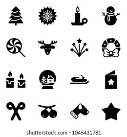 Solid vector icon set - christmas tree vector, firework, candle, snowman, lollipop, deer, wreath, snowball house, snowmobile, star postcard, santa stick, rowanberry, dog, medal