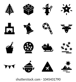 Solid vector icon set - christmas tree vector, gift, santa claus, star, fireplace, bell, lollipop, deer, champagne, snowball, sleigh, sale, flag garland, elf, airport road sign, pyramid