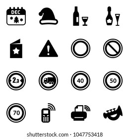 Solid vector icon set - christmas calendar vector, hat, wine, star postcard, attention road sign, prohibition, limited width, no truck, speed limit 40, 50, 70, mobile phone, printer wireless