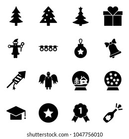Solid vector icon set - christmas tree vector, gift, santa claus, garland, ball, bell, firework rocket, angel, snowball house, graduate hat, star medal, gold, fizz opening