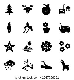 Solid vector icon set - christmas tree vector, deer, apple, tonometer, carrot, banana, flower pot, coconut cocktail, starfish, pyramid, snow, wind mill, lawn mower, toy giraffe