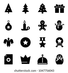 Solid vector icon set - christmas tree vector, gift, ball, candle, cake man, snowman, angel, star medal, certificate, crown, russian doll