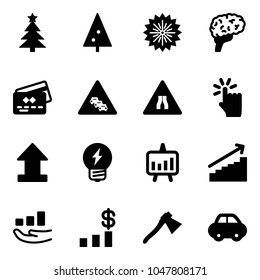 Solid vector icon set - christmas tree vector, firework, brain, credit card, multi lane traffic road sign, narrows, hand touch, uplooad, idea, presentation chart, growth, dollar, axe, car
