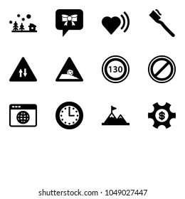 Solid vector icon set - christmas landscape vector, bow message, heart beat, tooth brush, oncoming traffic road sign, steep roadside, speed limit 130, no parking, browser globe, time, attainment